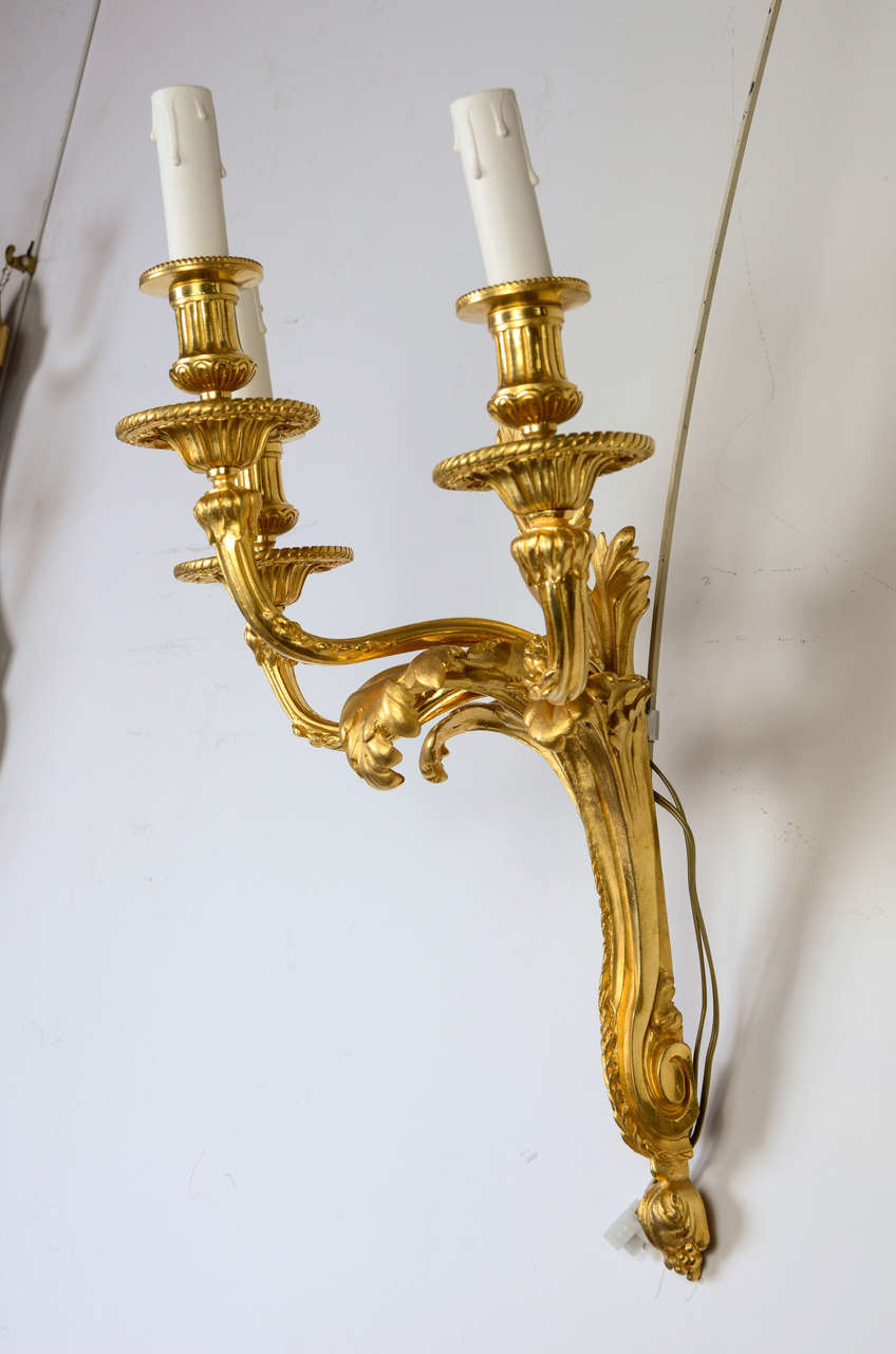 Pair of Gilded Bronze Louis XV Three-Light Sconces For Sale 2