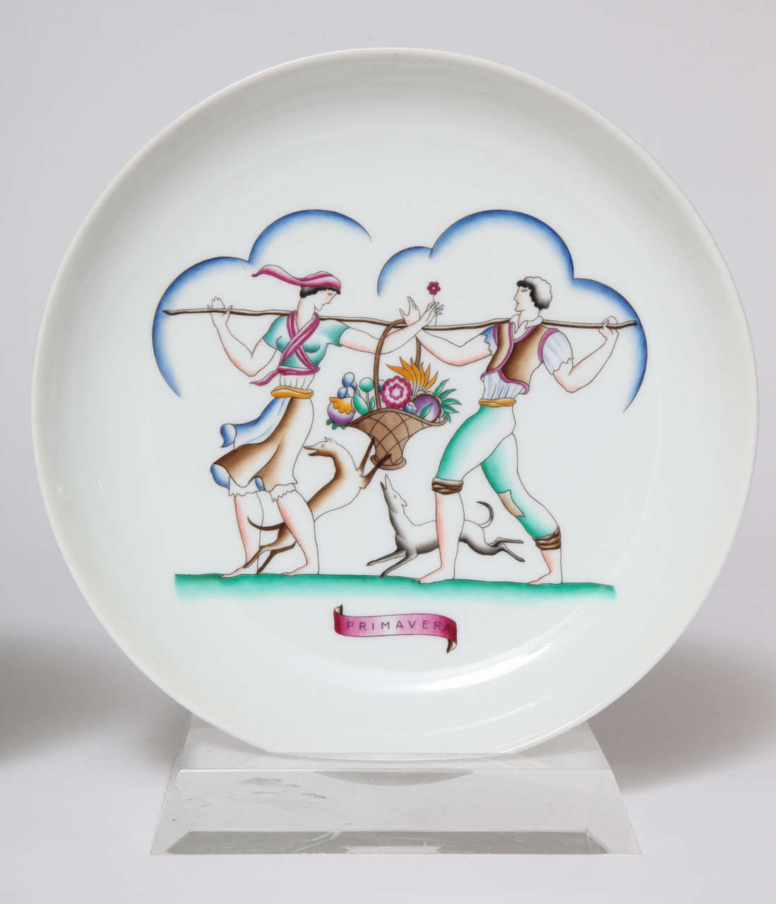 Four Richard Ginori Porcelain Plates in Mint condition designed by Gio Ponti depicting the Allegory of the Four Seasons, 1930, Italy.