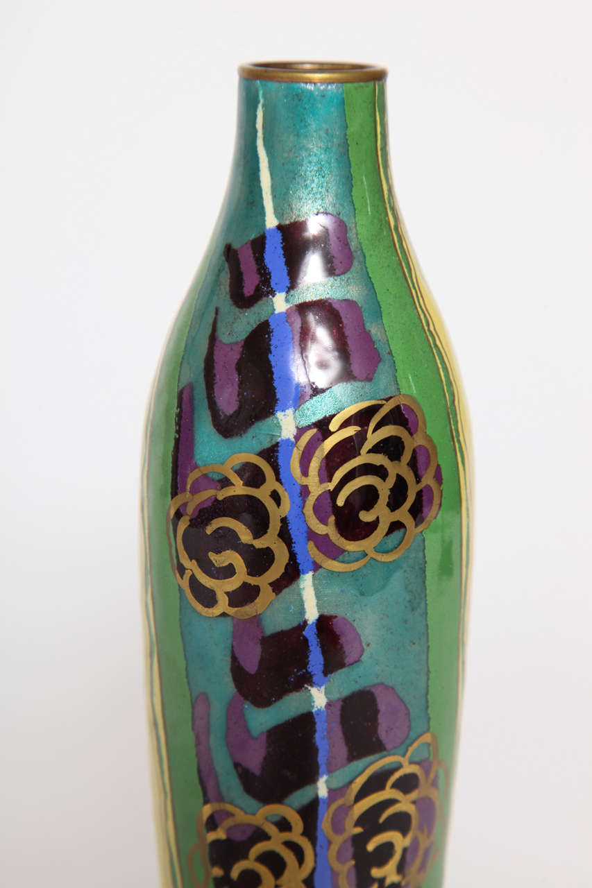 Copper Jules Sarlandie Limoges Art Deco Enameled Vase, circa 1930