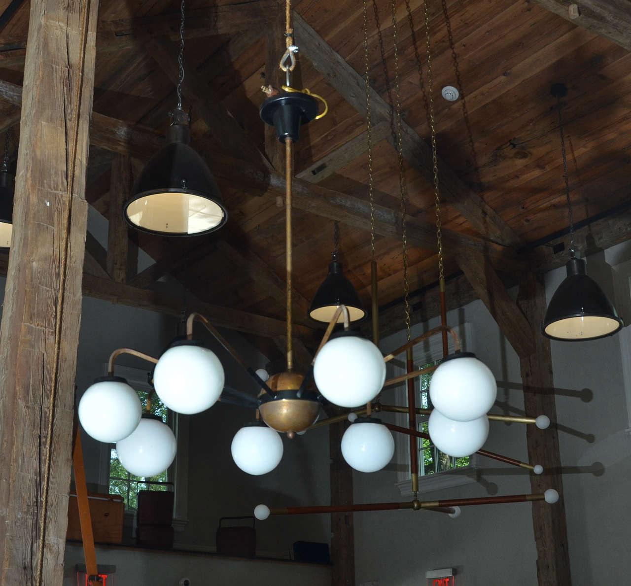 Italian Mid-Century Chandelier in Plated Aluminum with Opaque Glass Globes In Excellent Condition In Sag Harbor, NY