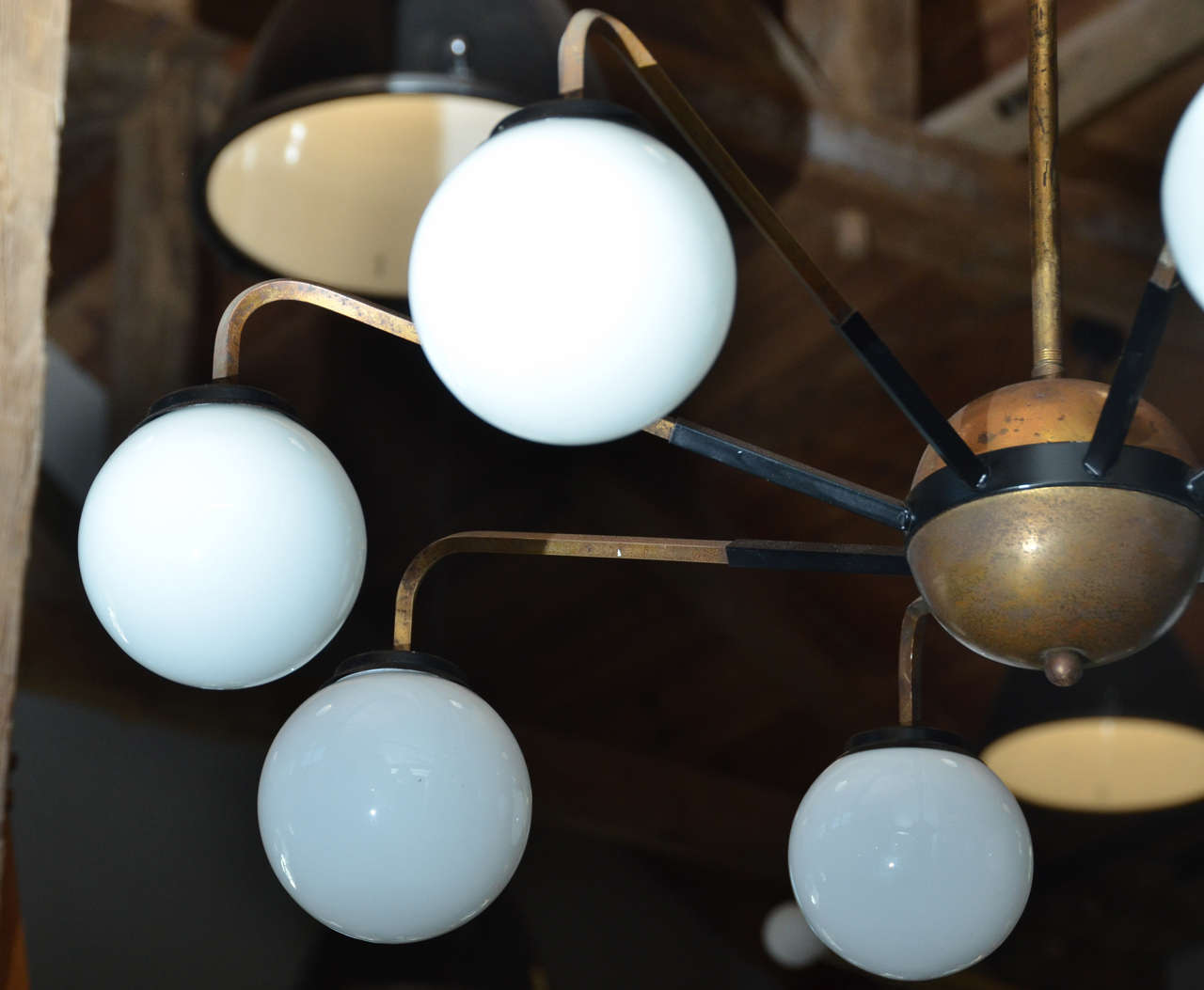 Italian Mid-Century Chandelier in Plated Aluminum with Opaque Glass Globes 2