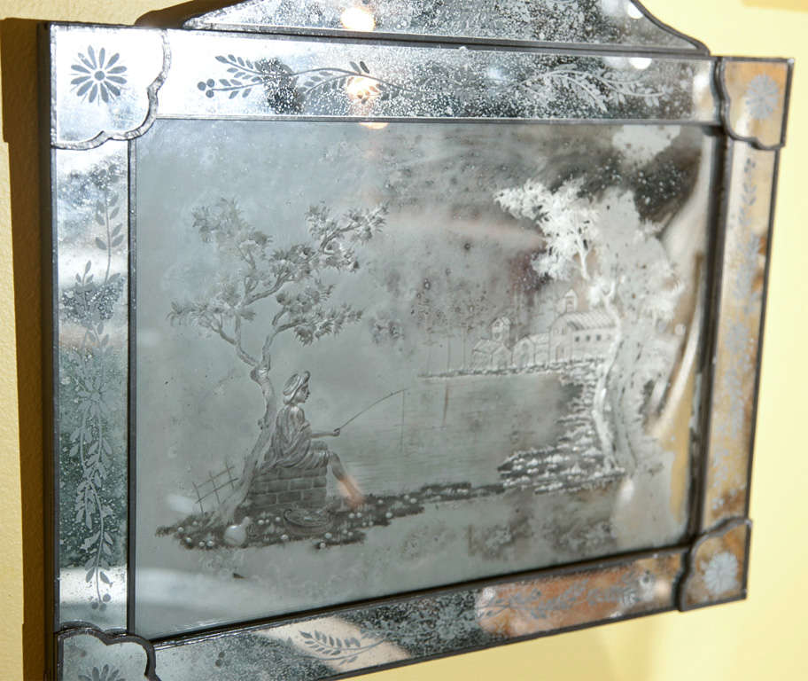 Pair of Antique Etched Glass Mirror Plaques In Good Condition In Stamford, CT