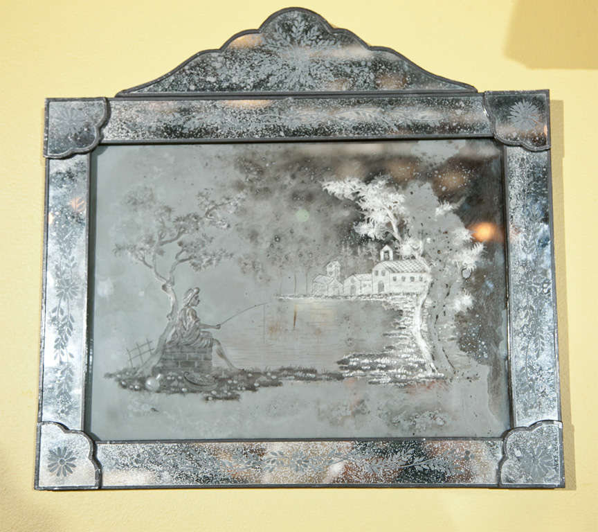 19th Century Pair of Antique Etched Glass Mirror Plaques