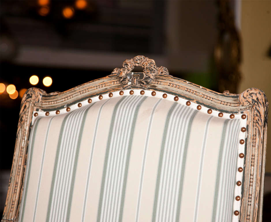 French Pair Louis XVI Style Maison Jansen Fauteuils Arm Chairs Distress Painted Frames For Sale