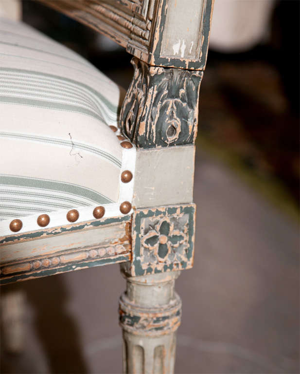 Mid-20th Century Pair Louis XVI Style Maison Jansen Fauteuils Arm Chairs Distress Painted Frames For Sale