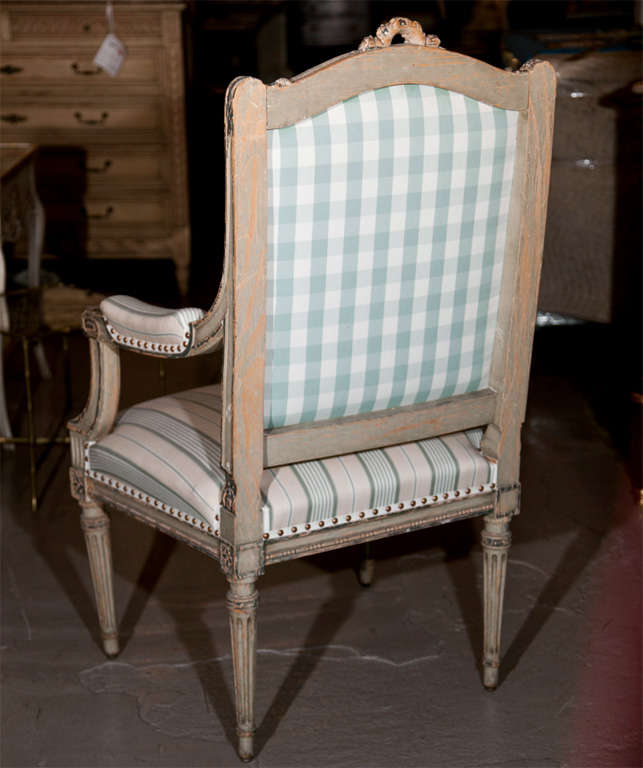 Wood Pair Louis XVI Style Maison Jansen Fauteuils Arm Chairs Distress Painted Frames For Sale