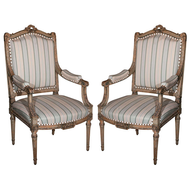 Pair Louis XVI Style Maison Jansen Fauteuils Arm Chairs Distress Painted Frames For Sale