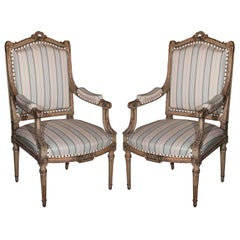 Pair Louis XVI Style Maison Jansen Fauteuils Arm Chairs Distress Painted Frames