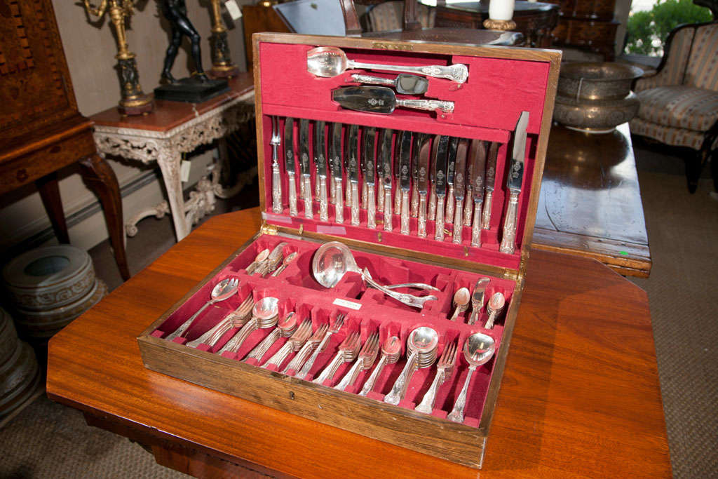 CASED SHEFFIELD HEAVY GAUGE FLATWARE CONSISTING OF:12 SALAD KNIVES, 12 DINNER KNIVES, 12 DINNER FORKS, 12 SALAD OR DESSERT FORKS, 12 LUNCHEON FORKS, 12 DEMI TASSE  SPOONS, 24  TEASPOONS,12 SOUP SPOONS,12 ICED TEA SPOONS,11 BUTTER  SPREADERS, 1