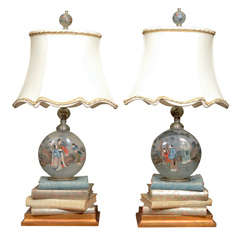 Pair of Antique Chinese Snuff Bottles Mounted on Books Lamps