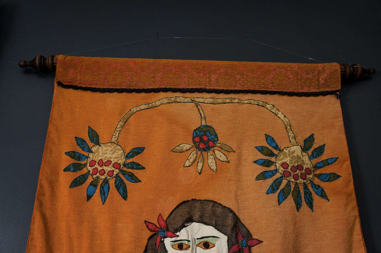 Unknown A Folk Art Tapestry of a Girl with a Bird