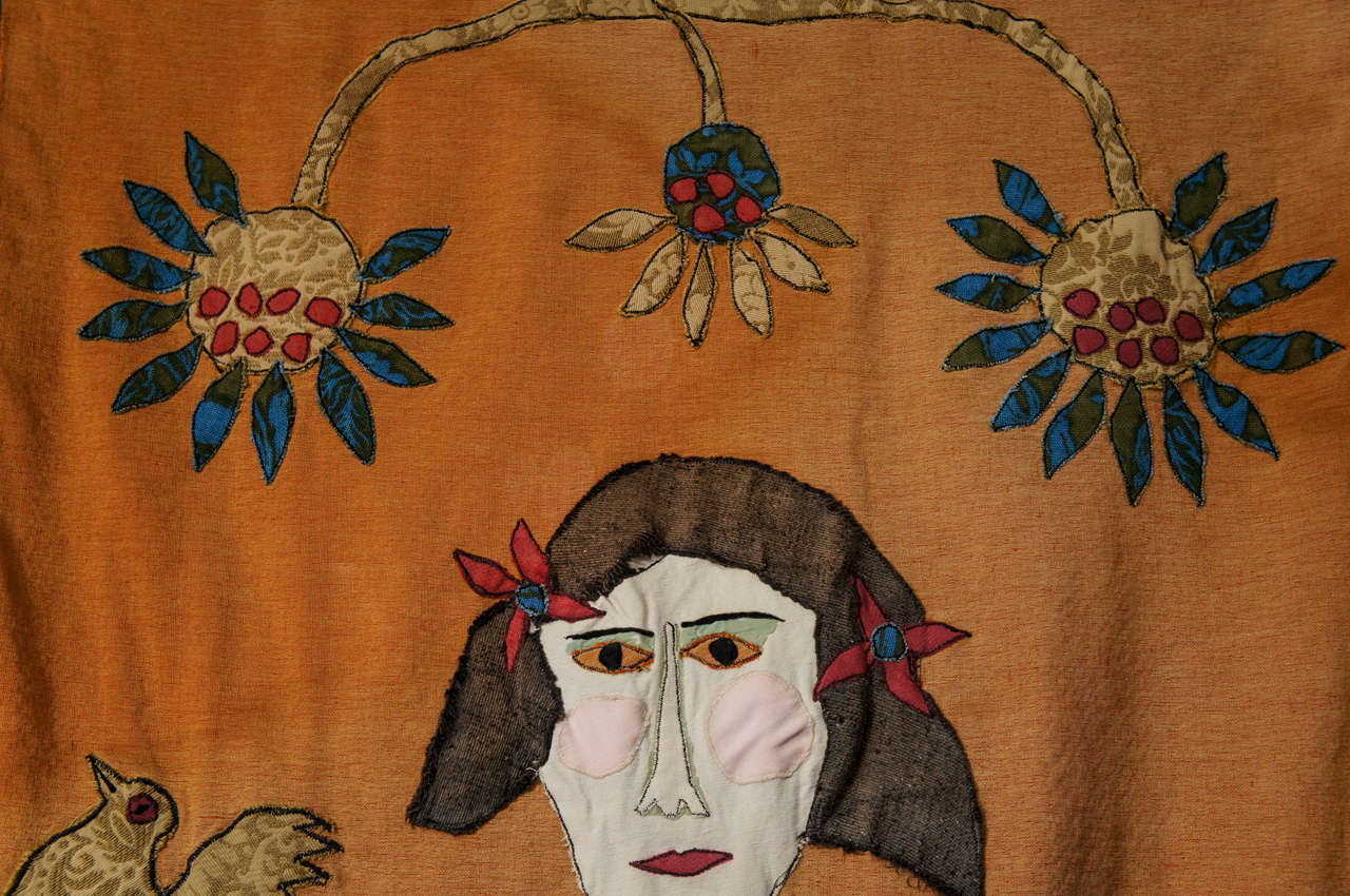 A Folk Art Tapestry of a Girl with a Bird In Good Condition In Hudson, NY