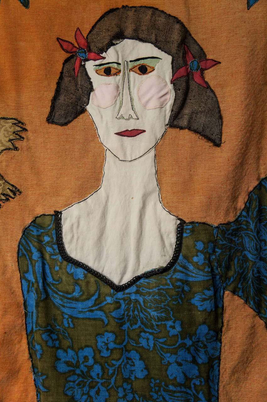 A Folk Art Tapestry of a Girl with a Bird 1