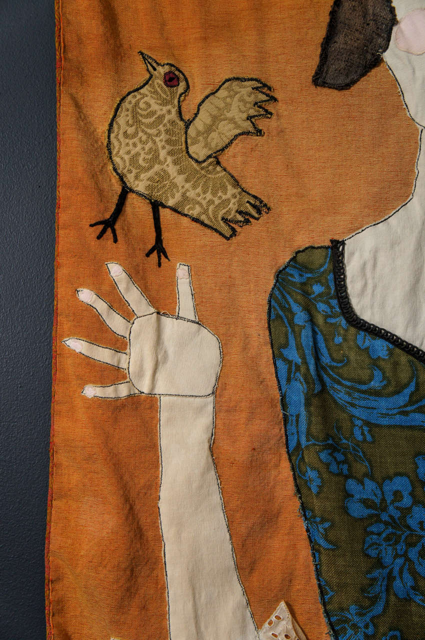 A Folk Art Tapestry of a Girl with a Bird 2