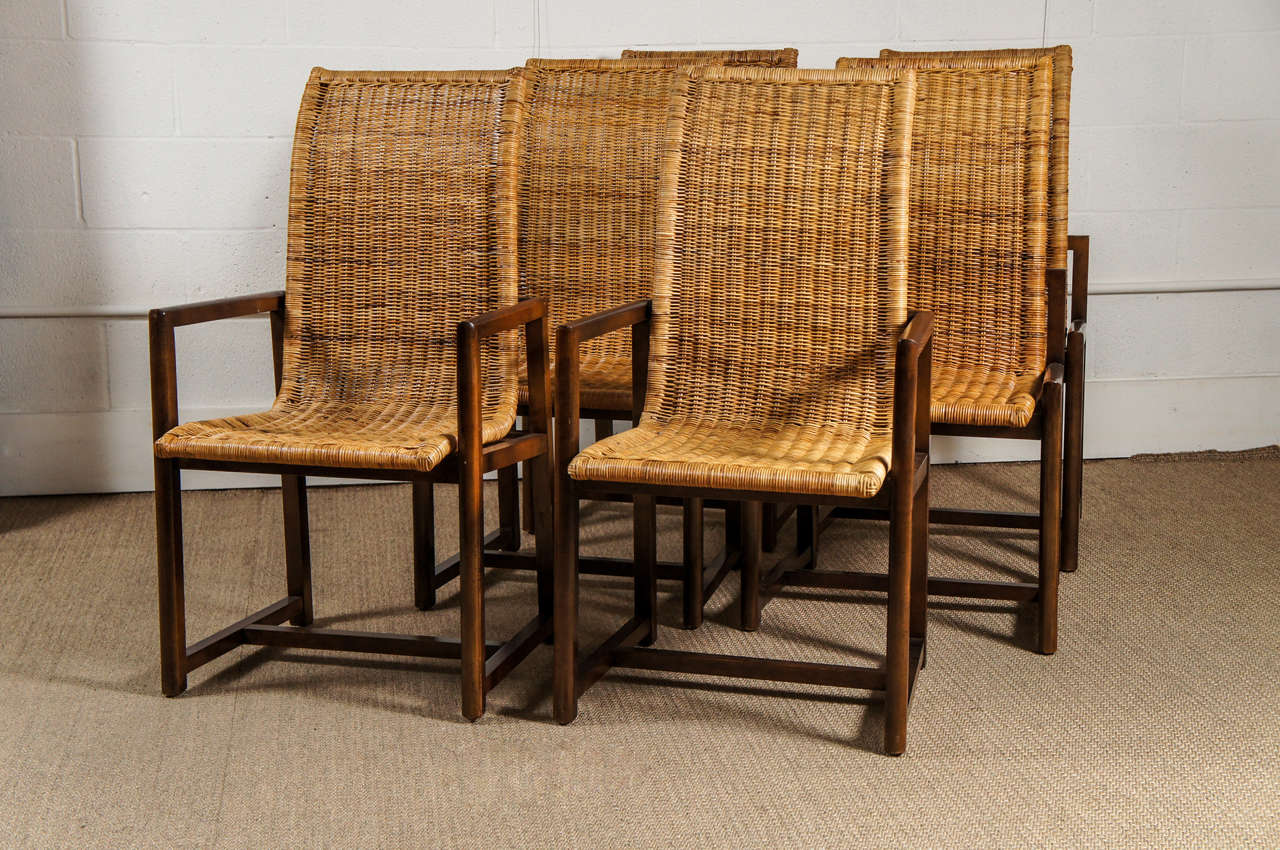 American A Set of Six Rattan and Walnut Dining Chairs