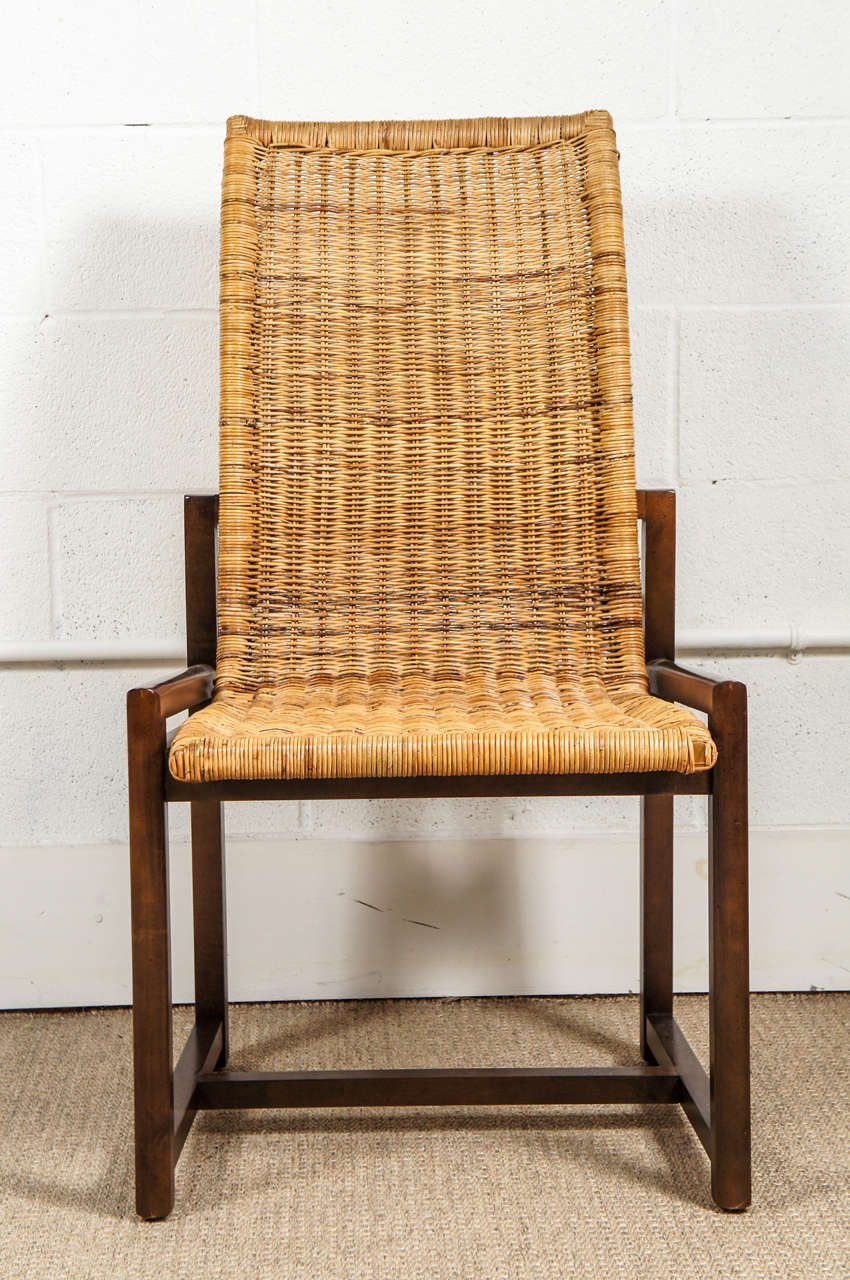 A Set of Six Rattan and Walnut Dining Chairs In Excellent Condition In Hudson, NY