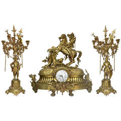 Antique 19th Century Chimney Set with a Clock and Two Candelabras