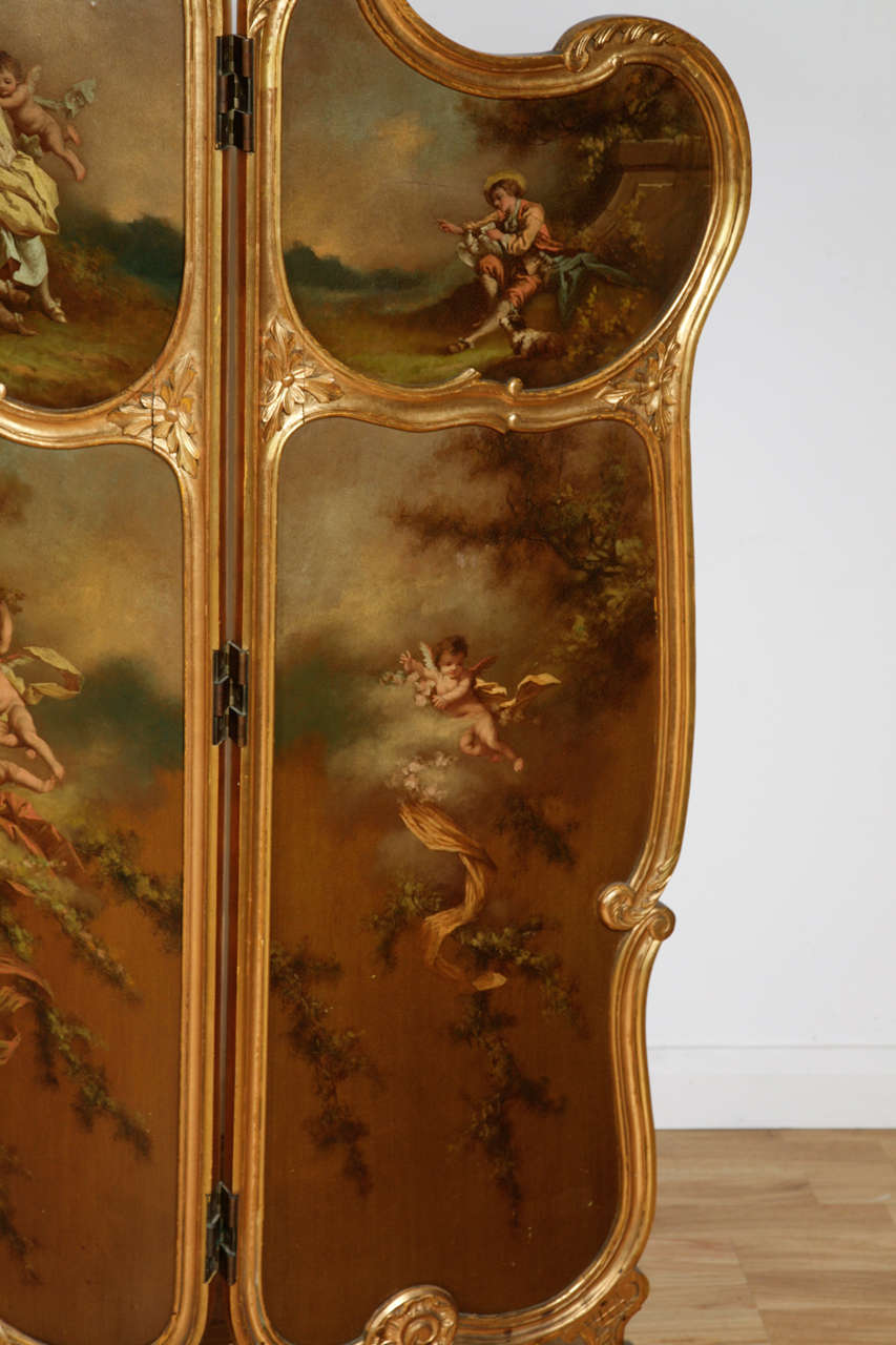 French Rococo Style Parcel-Gilt and Painted Three-Fold Screen For Sale