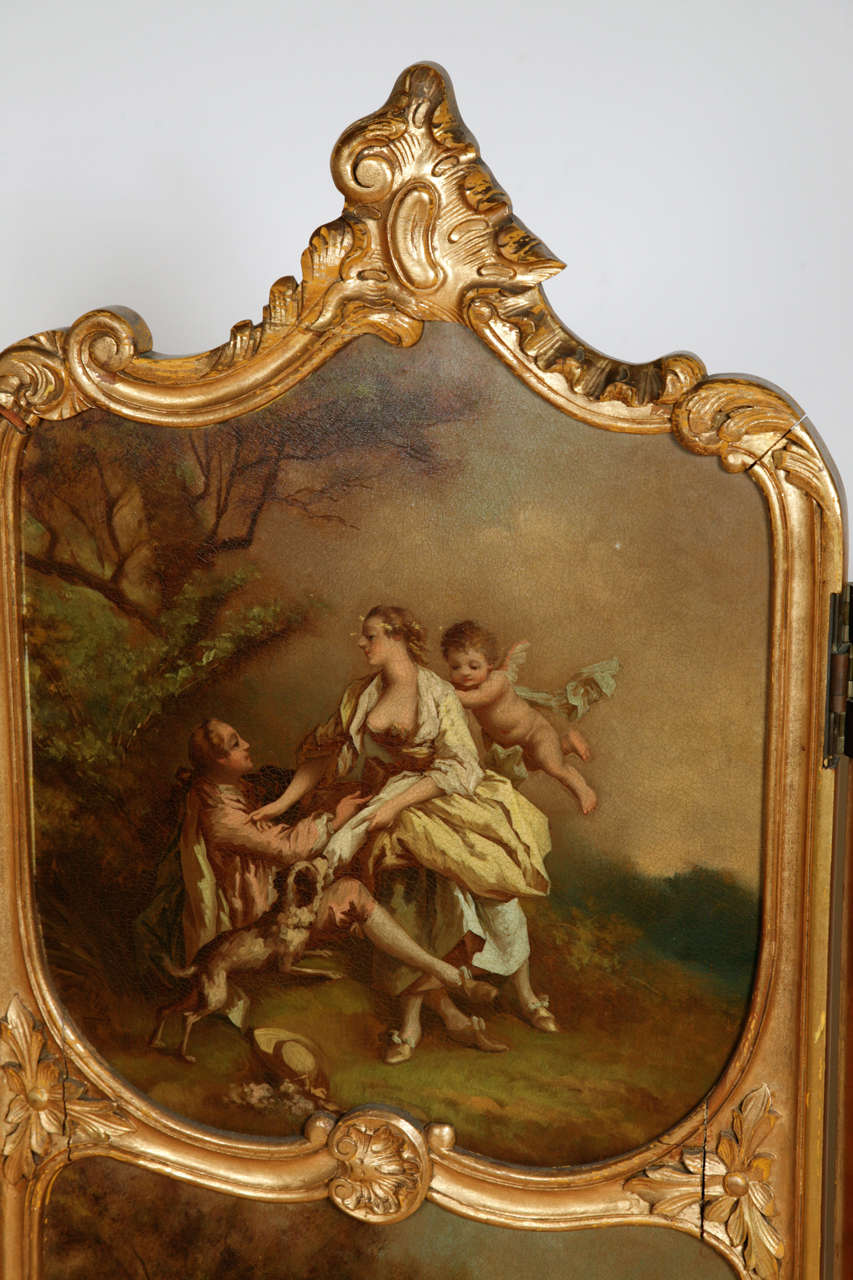 Rococo Style Parcel-Gilt and Painted Three-Fold Screen In Excellent Condition For Sale In London, GB