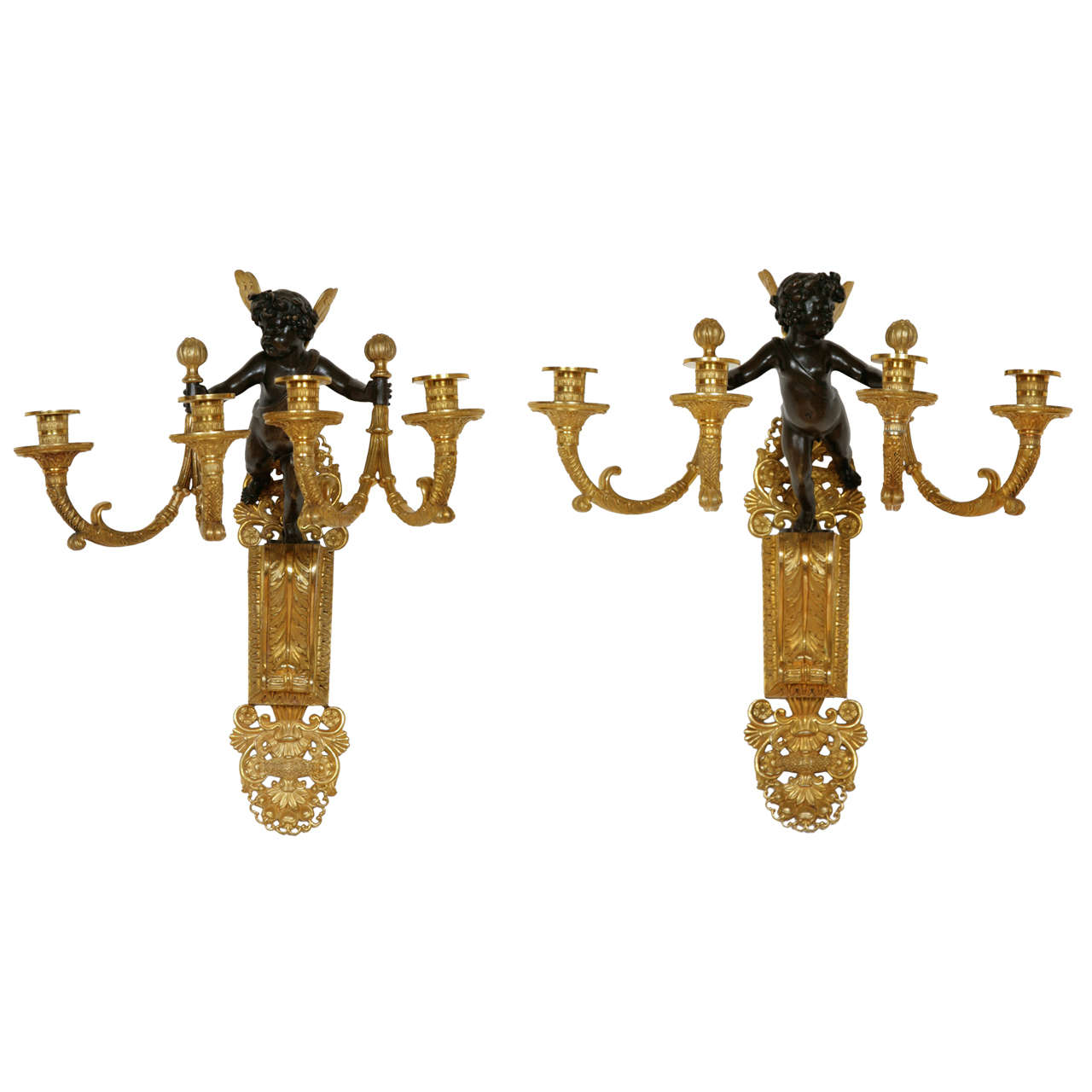 Pair of Restoration Period Gilt and Patinated Bronze Wall Lights