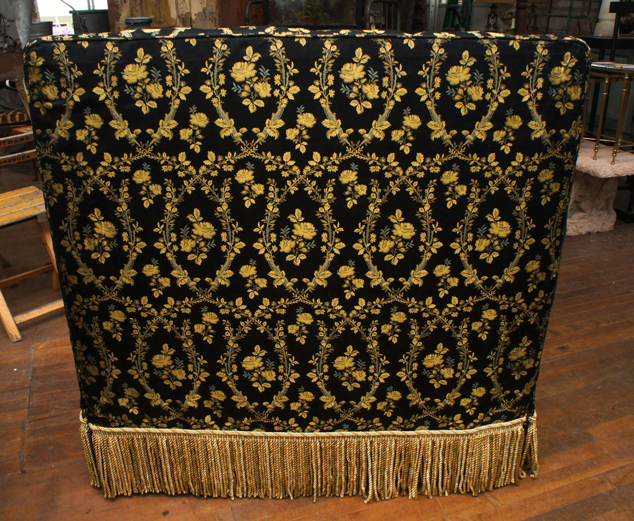American Black and Gold Tufted and Upholstered Victorian Style Banquette For Sale