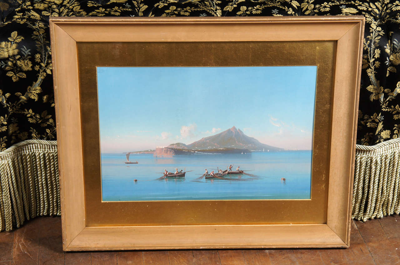 Grand Tour Gouache of Capri with 3 boats of fishermen in
the foreground.  Gold matte and frame.  Site 12" x 18.75"
