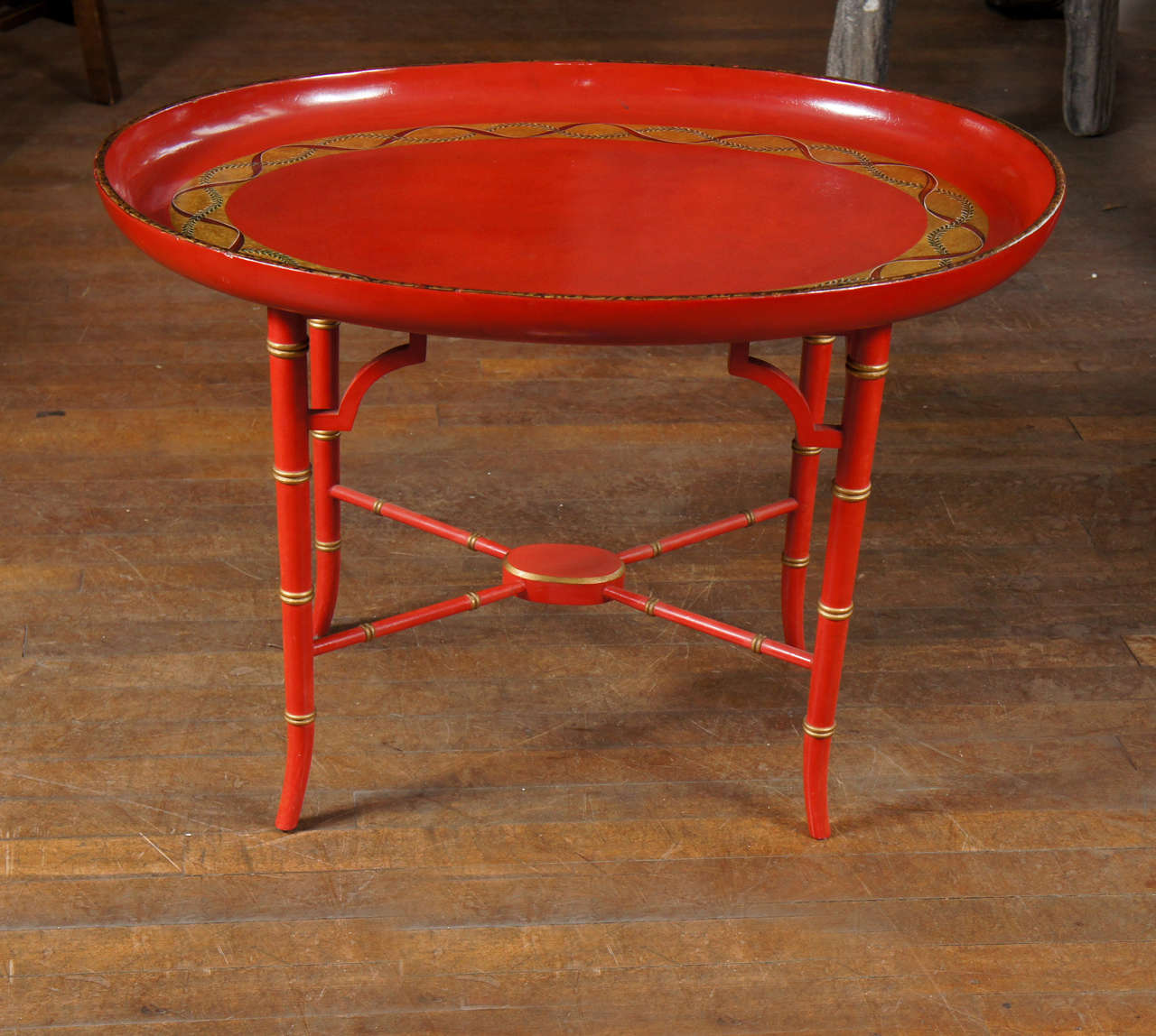 British English Scarlet & Gilt Wooden Tray On Later Faux Bamboo Stand