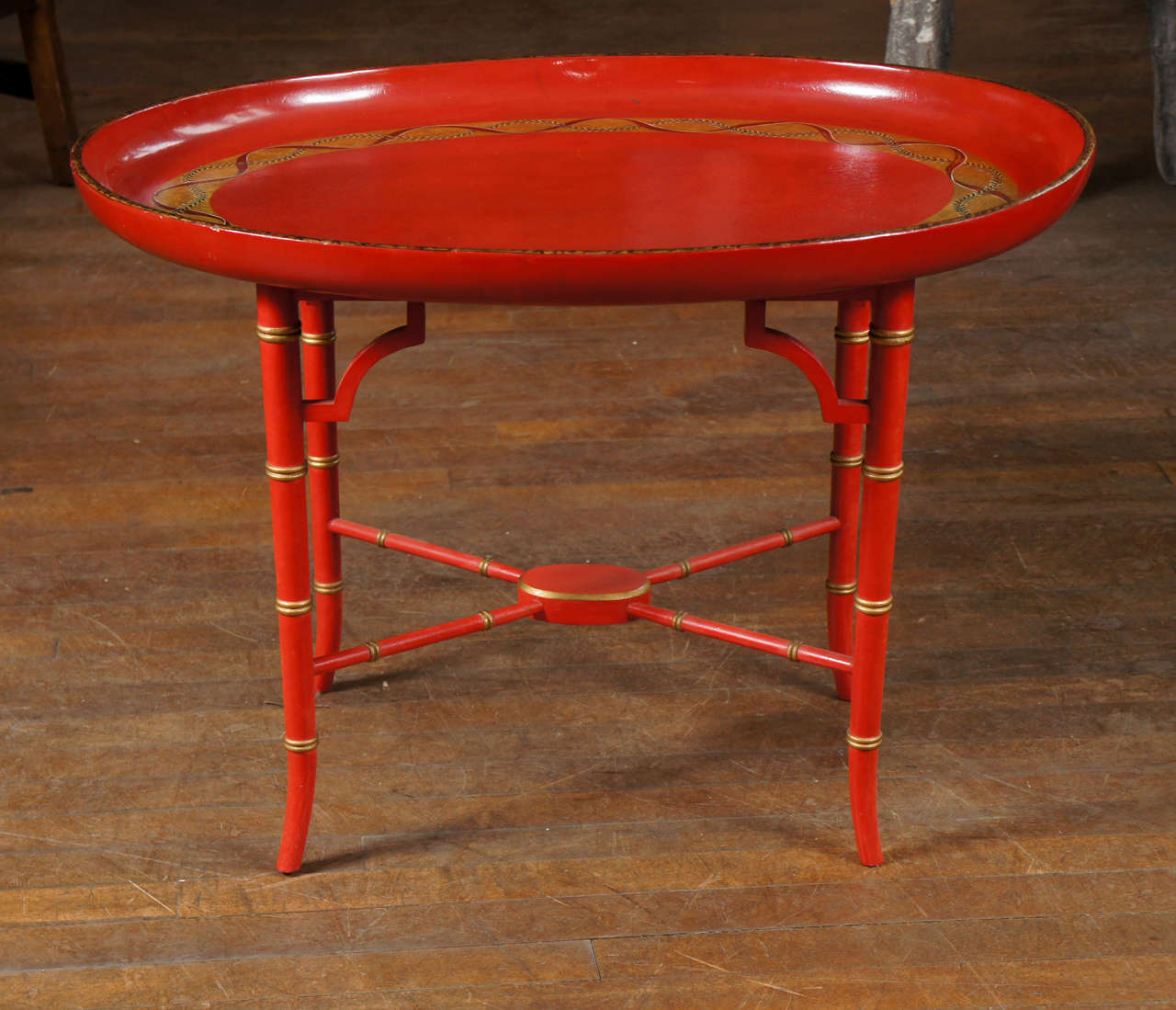 English Scarlet & Gilt Wooden Tray On Later Faux Bamboo Stand In Excellent Condition In Hudson, NY