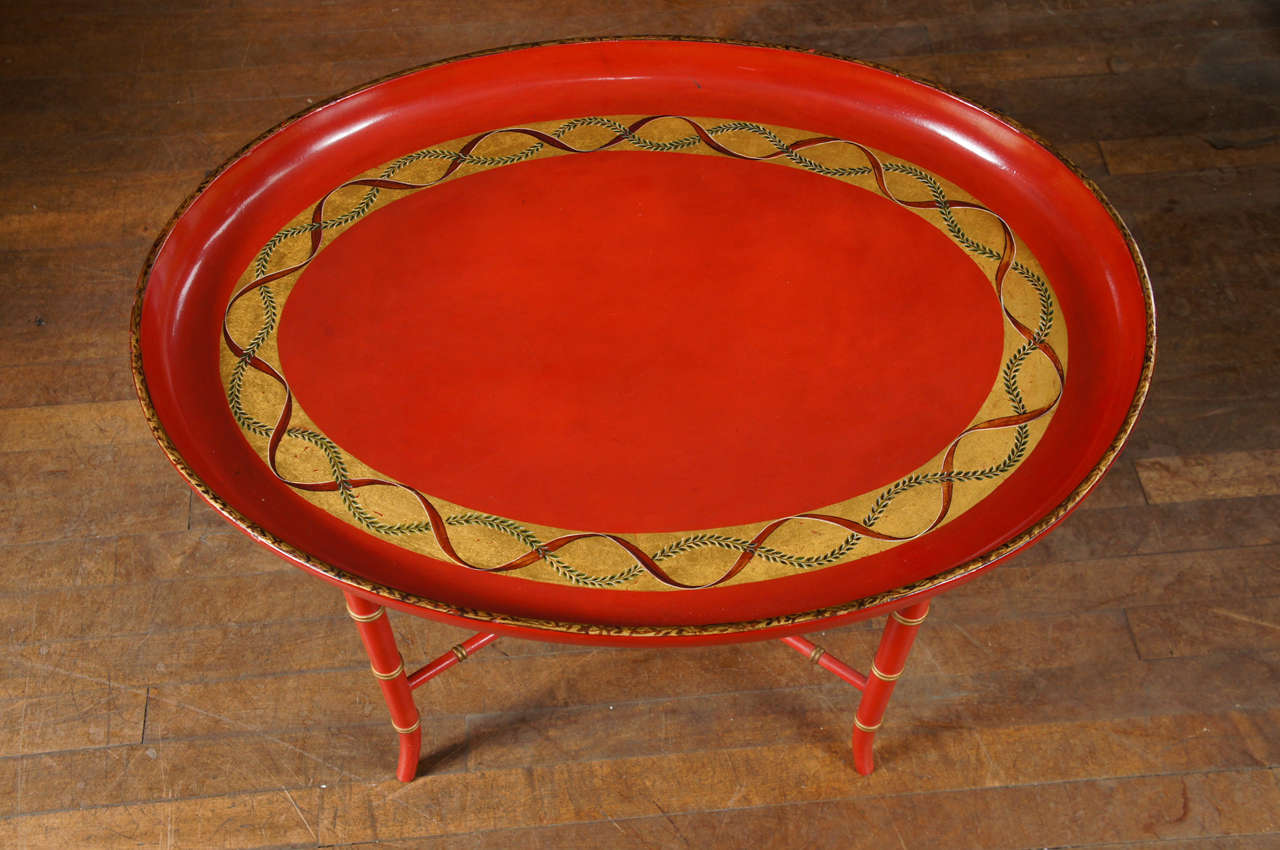 20th Century English Scarlet & Gilt Wooden Tray On Later Faux Bamboo Stand