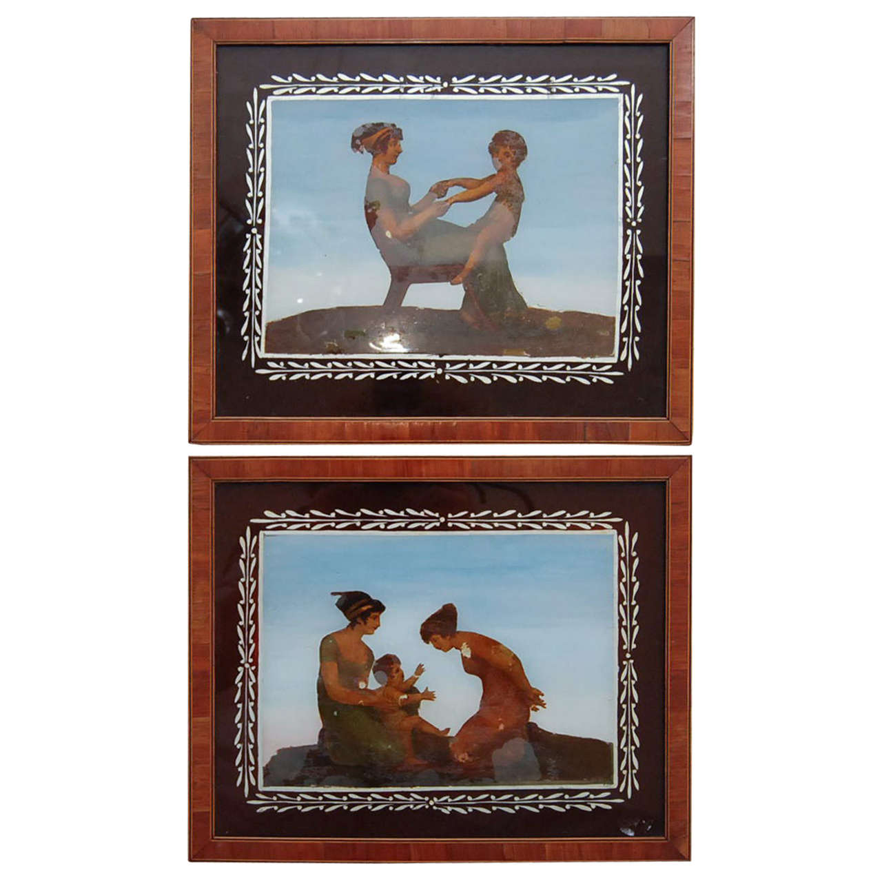 Pair of English Reverse Transfer Prints of Mothers and Children For