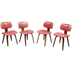 Set of Four Midcentury Thonet Chairs with Red Leather Upholstery