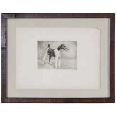 1940s Etching of Standing Dog Terrier in Wooden Frame