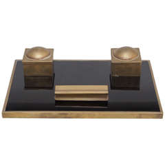 Art Deco Black Glass and Brass Desk Set