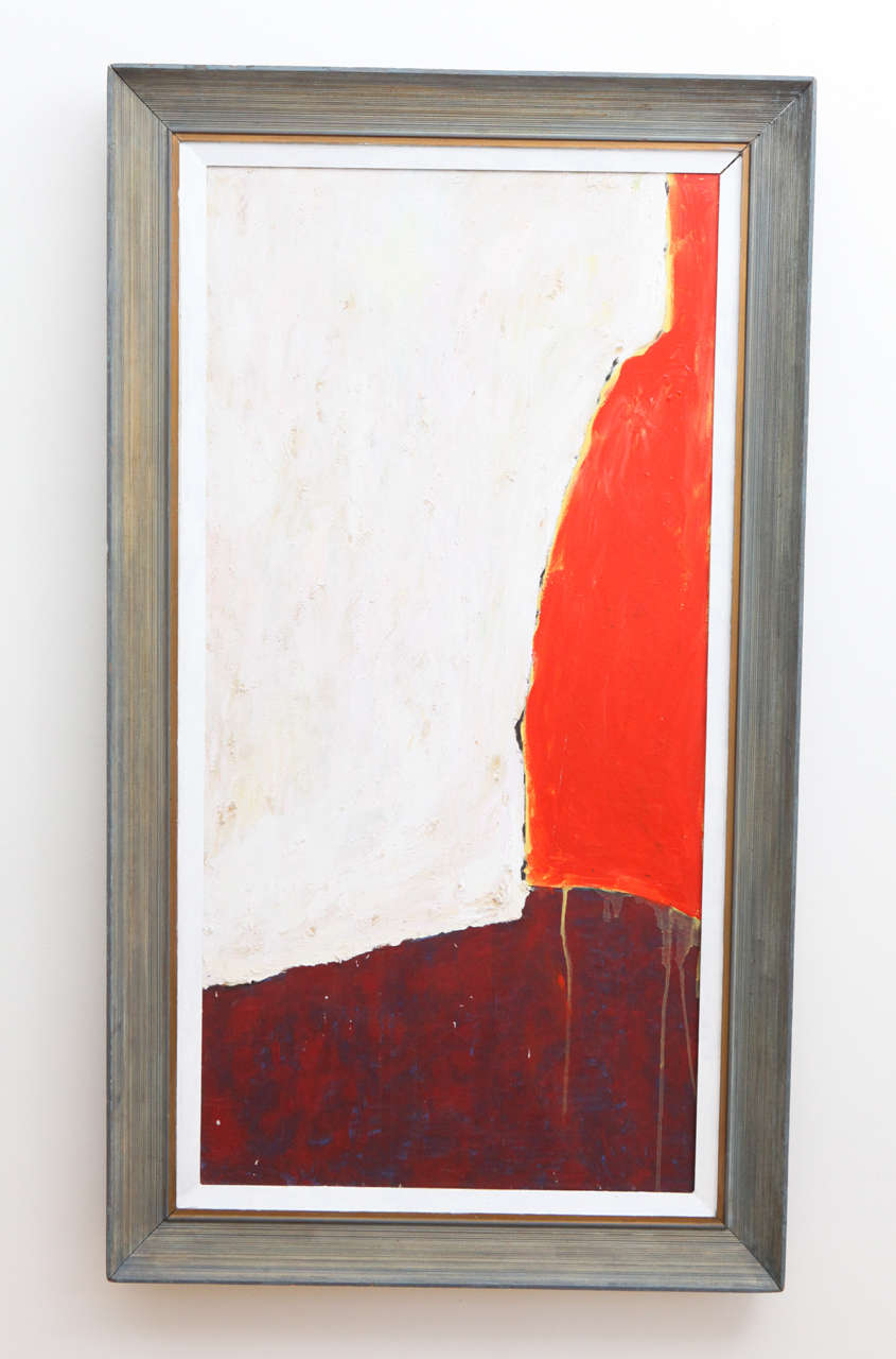 This beautiful abstract painting in orange, white and red with a ceroused light blue frame will be a stunning addition to any room in your home. Its proportions and bold color fields make it especially perfect for the end of a hallway or in an entry