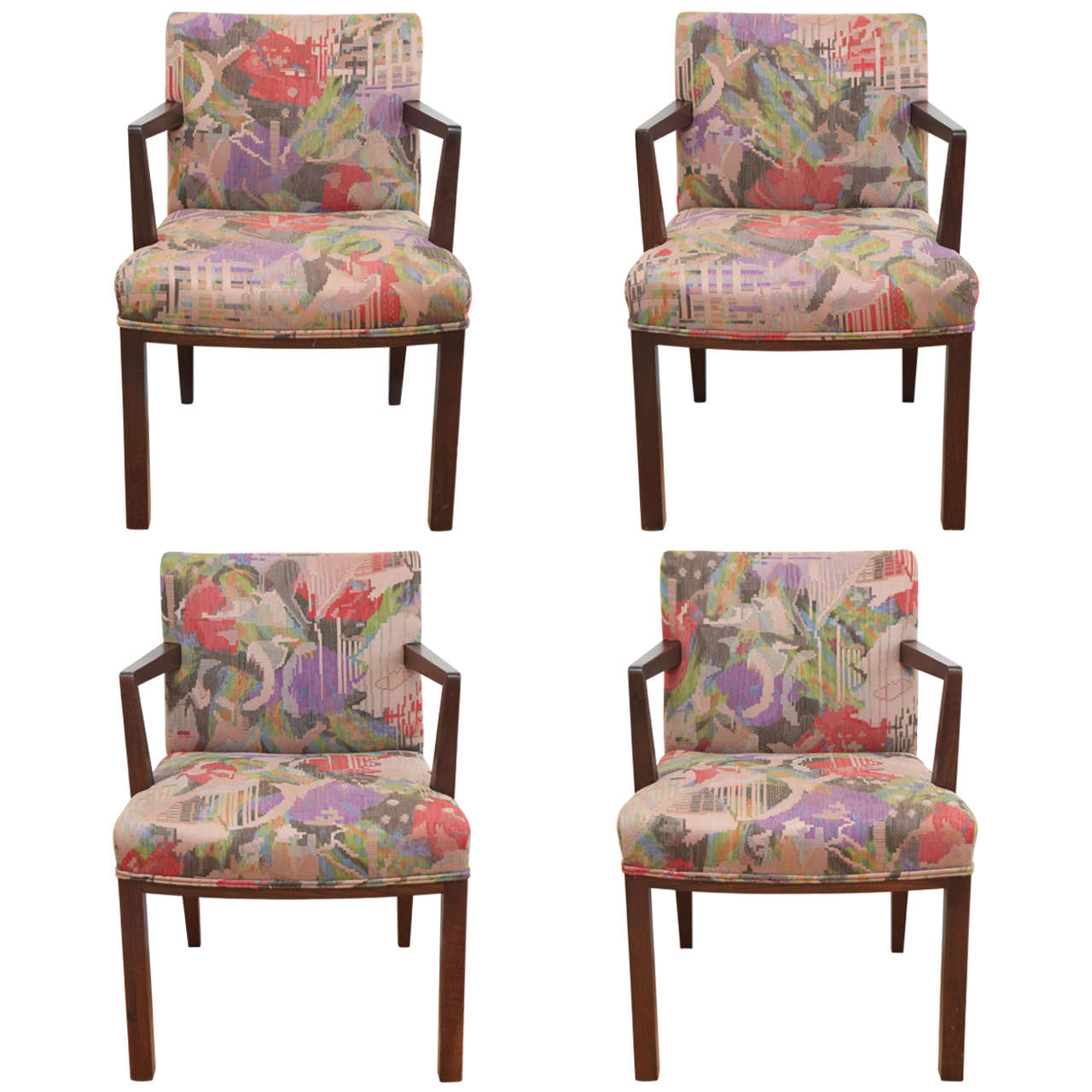 Set of Four Dunbar Lounge Armchairs with Jack Lenor Larsen Fabric