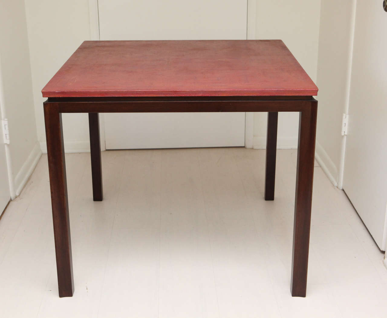 Unique and rare Edward Wormley Game Table for Dunbar in pristine condition. One of a kind painted grass cloth top in deep rose coral. Very Special.