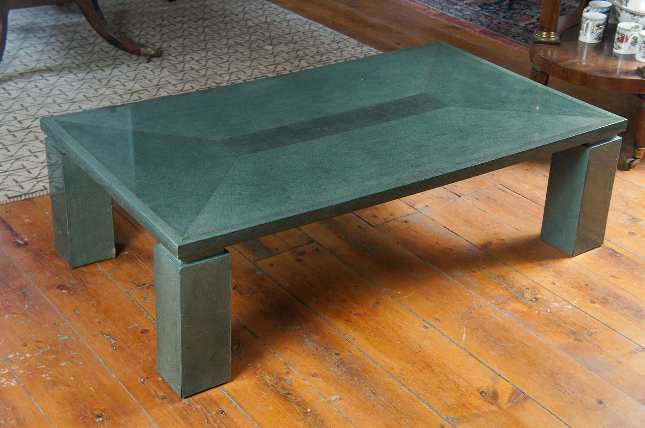 Great American faux shagreen coffee table with brass inlay.