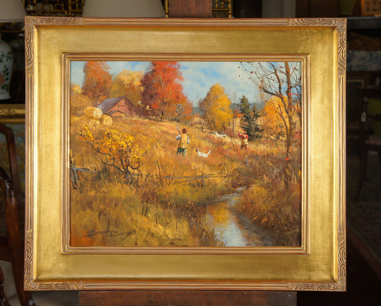 American oil on canvas by Brett J. Smith. Signed lower left. Gilded frame. Smith was born in Louisiana in 1958. He works in Louisiana and Montana. Specializes in sporting art.