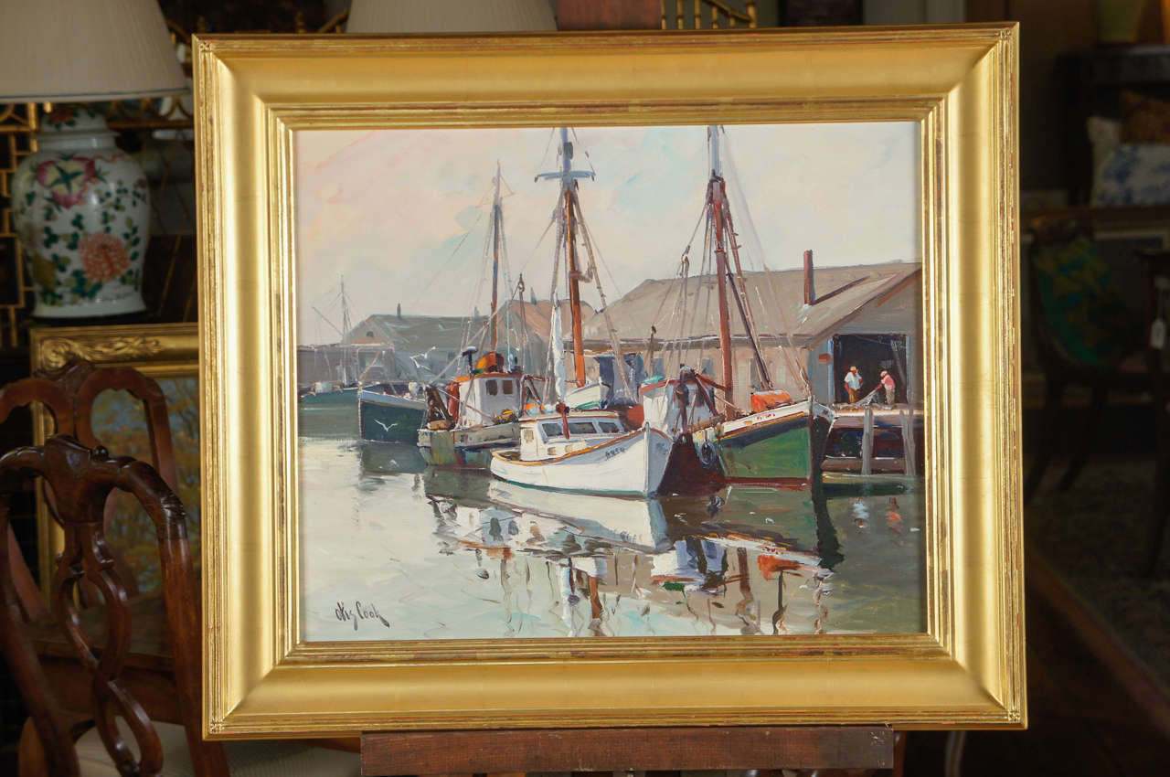 Fine American oil on canvas by Otis Cook, (1900-1980). Signed lower left. Gilded frame. Cook was born in New Bedford, MA. Studied with Emil Gruppe.