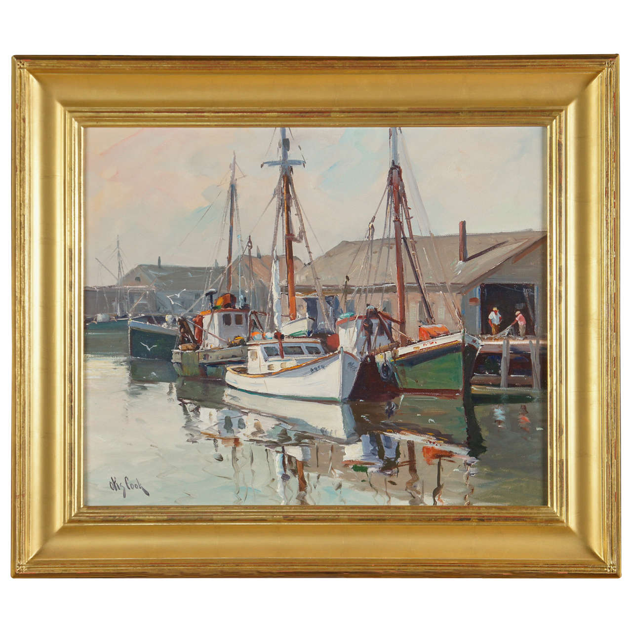 American Oil on Canvas, "Gloucester Harbor" by Otis Cook
