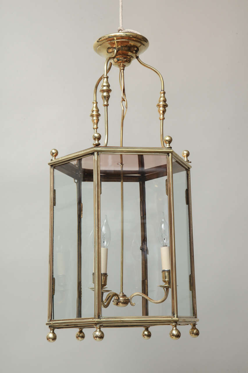 English Hexagonal Brass and Glass Hall Lantern