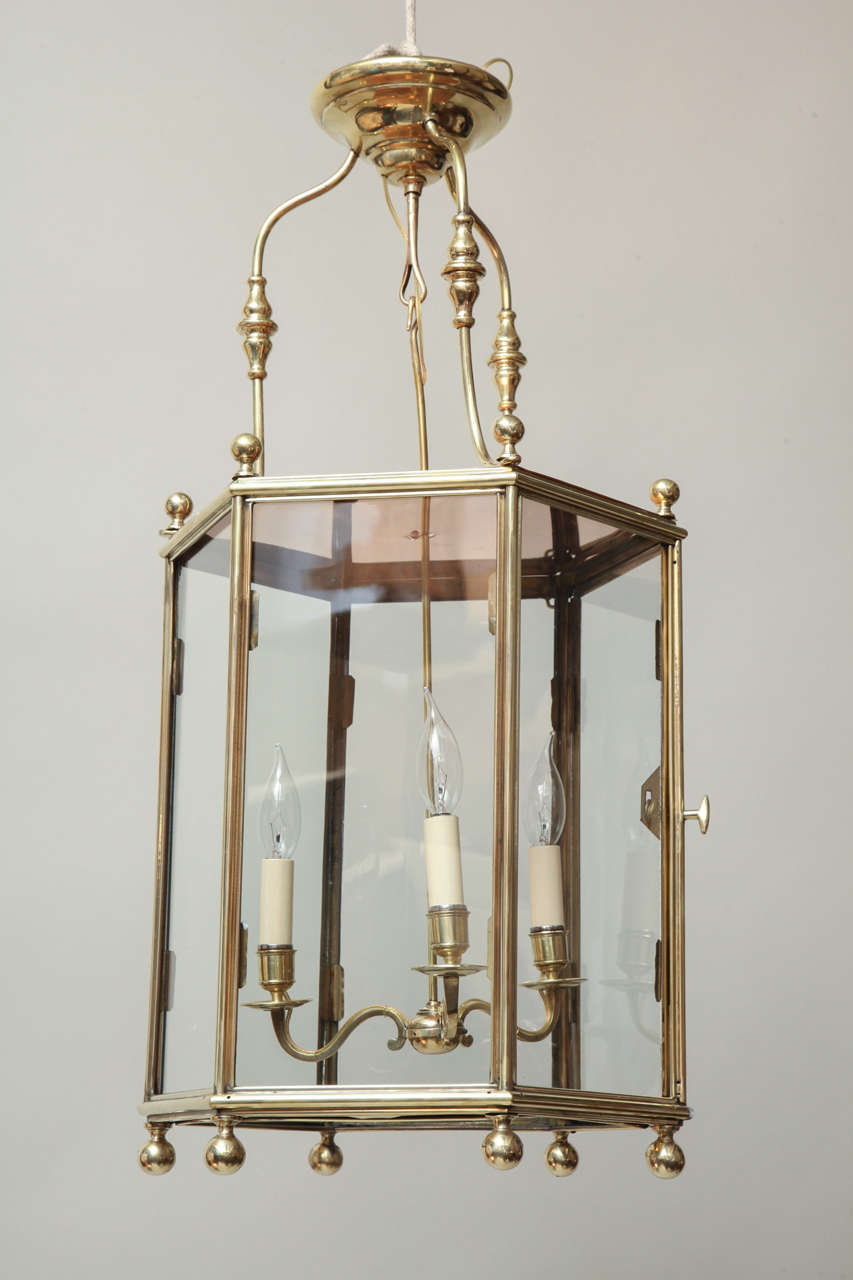 Hexagonal Brass and Glass Hall Lantern In Excellent Condition In Greenwich, CT