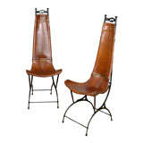 Chic Pair of Tall Wrought Iron and Saddle Leather Chairs