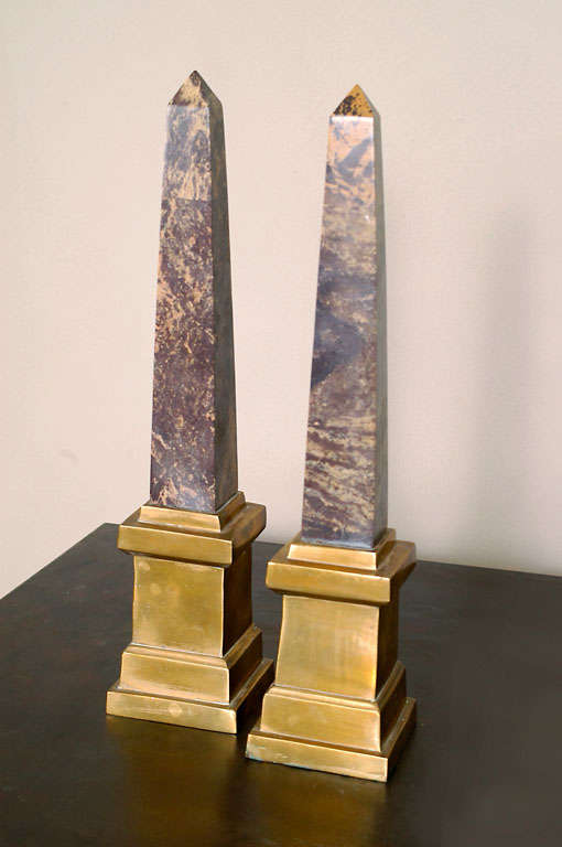 Pair of 1970's Tall Marble and Brass Obelisks