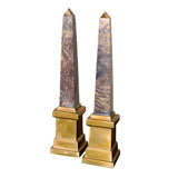 Pair of 1970's Tall Marble and Brass Obelisks