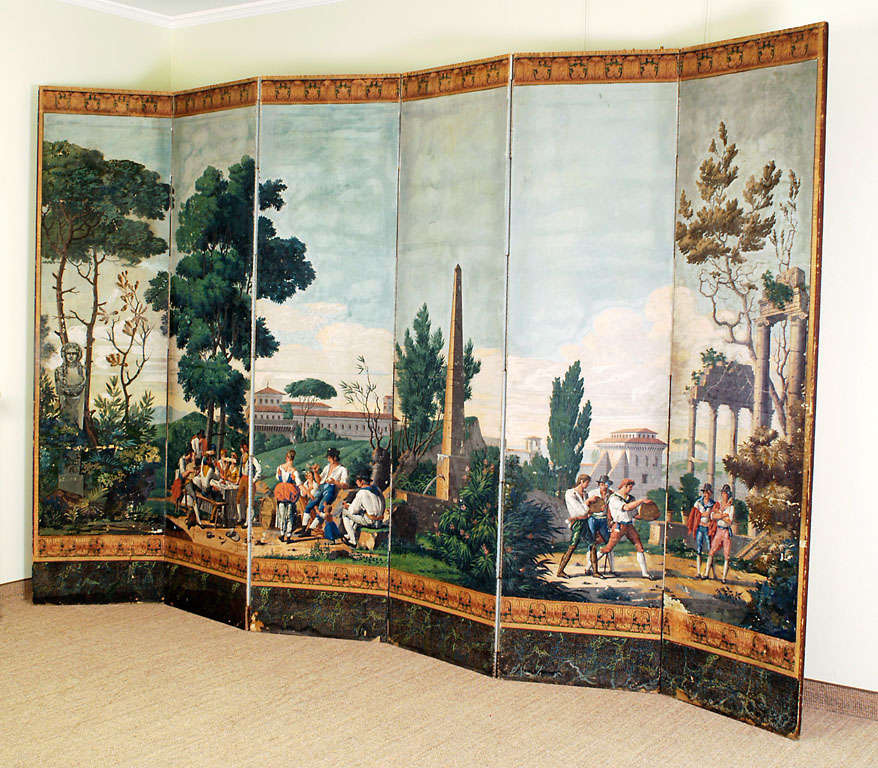 French 6 Panel Wallpaper Screen depicting a festive scene with with lush landscape and buildings. Each panel measures 25