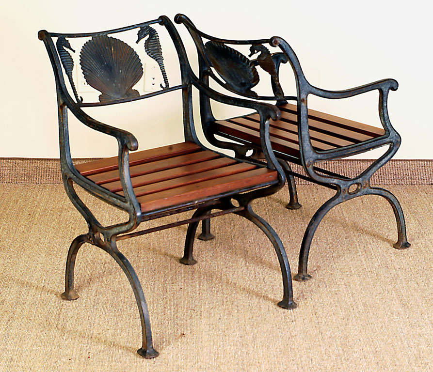 Iron Sea Horse & Seashell Motif Garden Bench with 2 Chairs