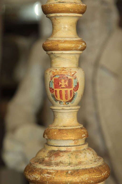 19th Century  Pair of Tall Painted Wood Candlesticks For Sale
