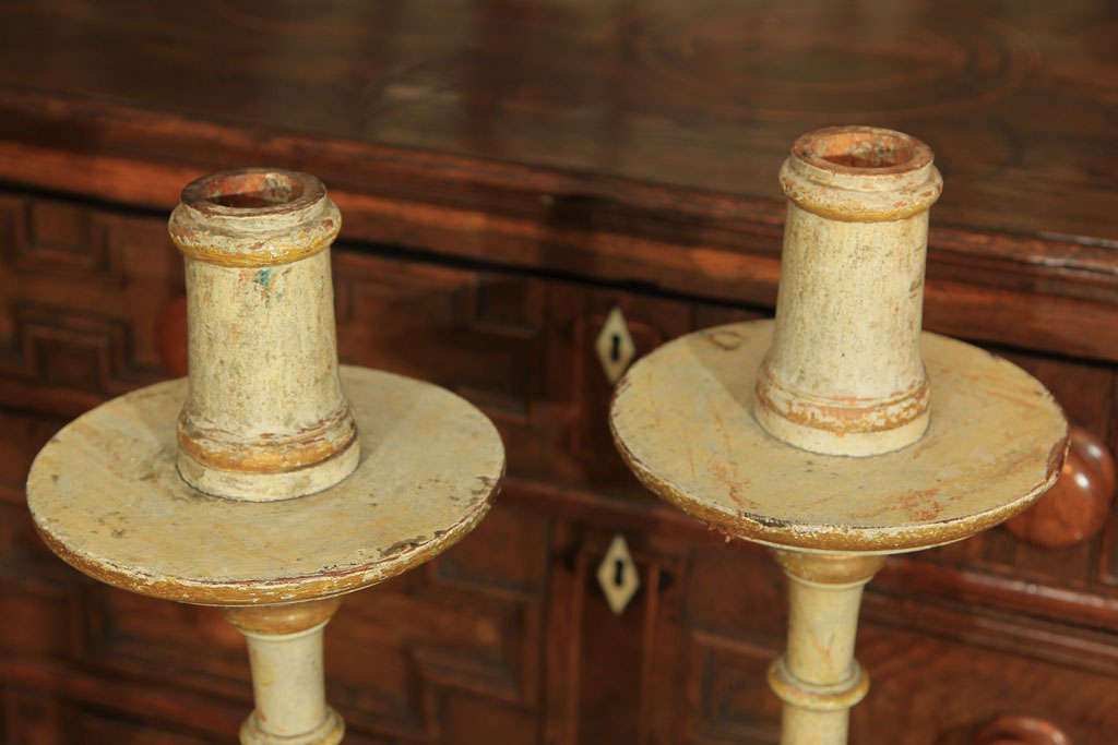 Pair of Tall Painted Wood Candlesticks For Sale 2