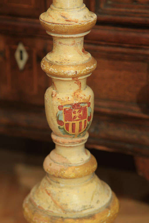  Pair of Tall Painted Wood Candlesticks For Sale 3